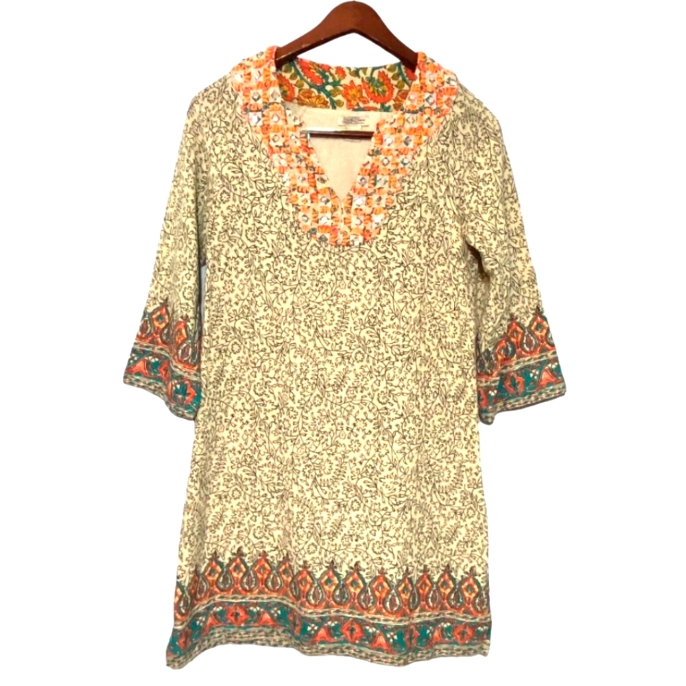 Lucky Brand Beige Floral Embroidered Tunic Dress Size Medium Boho Sequin